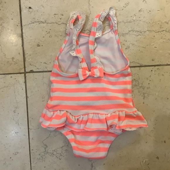 Sunuva Swimming Suit, 18-24 M, Sherbet Pink Striped Textured, Bow, Eyelet Ruffle - Picture 5 of 5